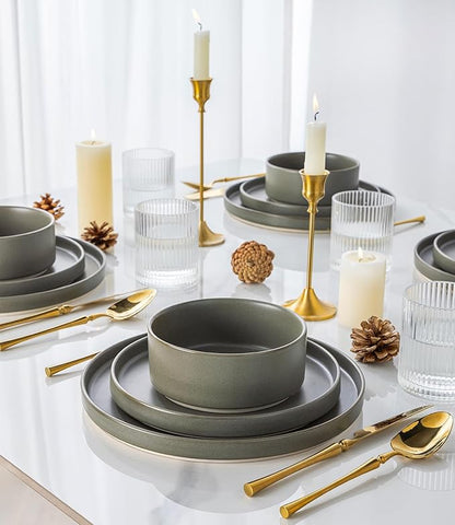 TheTerra Ceramic Dinnerware Sets for 6, 18 Pieces Handmade Reactive Glaze Plates and Bowls Set, Scratch Resistant Dish Set, Oven & Microwave & Dishwasher Safe, Matte Green