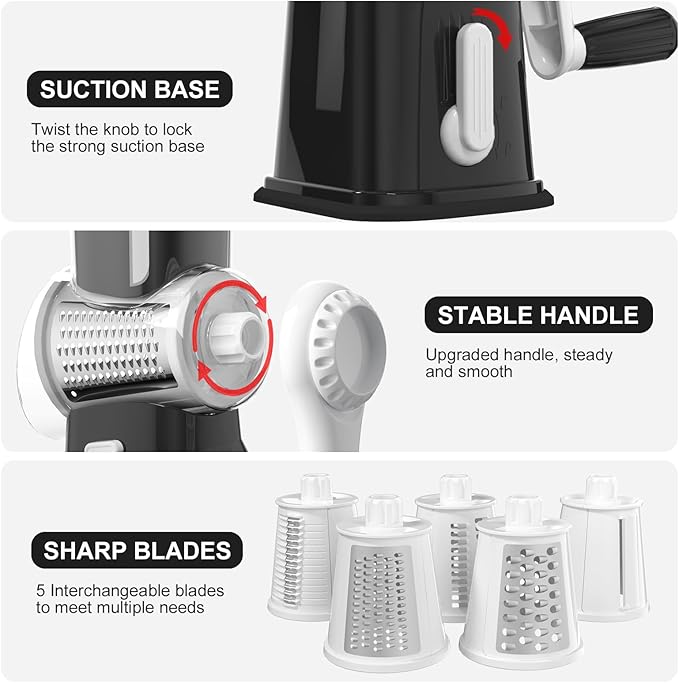 Ourokhome Cheese Grater Hank Crank Cheese Shredder, Mandoline Vegetable Slicer with 5 Interchangeable Blades and Strong Suction Base for Fruit, Vegetables, Nuts Black