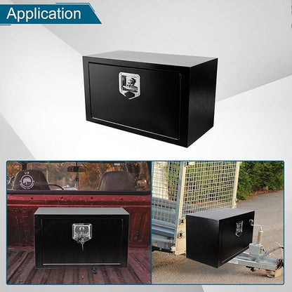 24"X12"X14" Underbody Steel Utility Truck Tool Box Chest With Lock and Keys，Heavy Duty Trailer Toolbox for Pick Up Truck RV Trailer, Black Storage Organizer Box