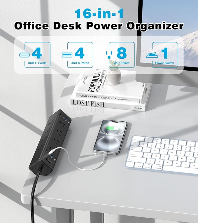 Desk Clamp Power Strip, 40W Total Fast Charging Station, Desk Edge Mount Power