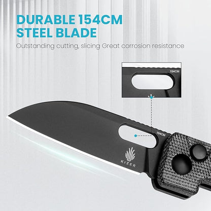 Kizer Banish Folding Pocket Knife, 2.3"" 154CM Steel Blade Small EDC Knife, Micarta Handle Mini Utility Knife for Men Women Sharp Camping Survival Hiking Knives, V2676C1, Black