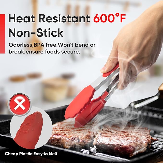 Small Silicone Tongs for Cooking,3 PCS 7-Inch Mini Serving Tong-600°F Heat Resistant Non Stick Stainless Steel Tong s with Silicone Tips Food Tong Cooking Tongs for Salad,Buffet Serving