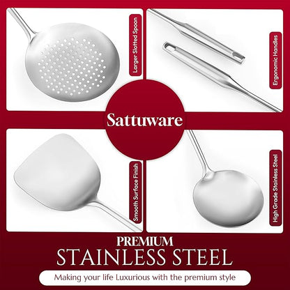 6 Pc Stainless Steel Cooking Utensils Set with Ergonomic Handles – Heat Resistant Kitchen Tools Includes Slotted Spatula, Skimmer Ladle, Spatula, Serving Spoon, Pasta Spoon Ideal for Cooking