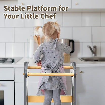 Foldable Toddler Tower Preassembled Kitchen Stool Helper, Folding Tower for Learning with 3 Adjustable Heights Montessori Toddler Standing Tower Kids Collapsible Wooden Step Stool, Light Gray