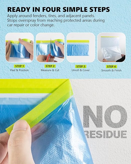 Pre-Taped Masking Film for Painting(6 Rolls) - 22" x 66'Painters Plastic Sheeting with Tape and Drape, Painters Drop Cloth for Automotive & Home, Cover for Walls/Floors/Windows/Cars Protection