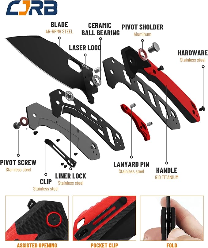 CJRB Folding Pocket Knife Caldera (J1923) AR-RPM9 Powder Steel Red G10 Handle for Men EDC Camping Hiking Outdoor