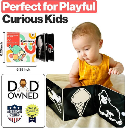 Happy Start Award-Winning High Contrast Board Book - Newborn Black & White Baby Cards, Easy to Clean, Hospital Approved, Stands on Its Own, Tummy Time Toy, Ages 0+ (Russian)