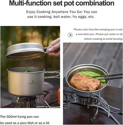 iBasingo Backpacking Cookset Titanium Camping Pots Set Ultralight Outdoor Picnic Pots Pans with Folding Handle Druable Portable Cooking Mess Kit Compact Picnic Dishes Bowls Cups (Multiple Sizes)