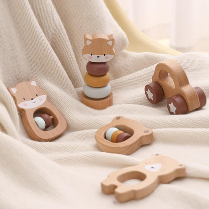 Freniland Wooden Montessori Toys, 5-Piece Wooden Baby Toys, Bear Wooden Baby Rattle, Fox Stacking Ring,Wooden Car Push and Pull Toys, Bear Grasping Toys,Newborn Baby Gift Sets for Boys and Girls