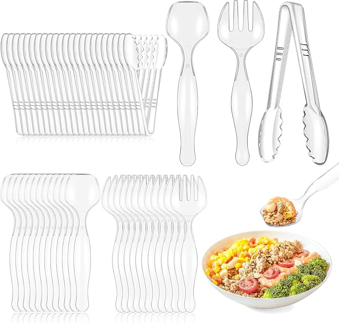 72Pcs Serving Utensils 9'' Large Plastic Serving Utensils Set Serving Spoons for Buffet Clear Disposable Plastic Tongs Heavy Duty Slotted Spoons/Forks Supplies for Party Food Salad Noodles Soup