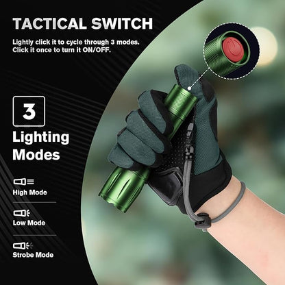 RECHOO LED Flashlight 2 Pack Green, Tactical Flashlights High Lumens with 3 Modes, Pocket Small Flash Light, Waterproof Zoomable Flashlights for Home Emergency, Camping Essentials (Battery Included)