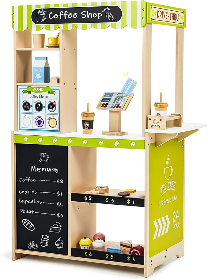 Frogprin 24 Pcs Pretend Play Coffee Shop, Kids Grocery Store Set, Wooden Drive-Thru Window, Coffee Maker, Oven, Cash Register, Bakery Toys Food Accessories Gift for Boys Girls 3+ Years Old