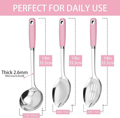 14-in Pink Cooking Spoons Set, Heavy Duty 18/0 Stainless Steel Large Serving Spoons Set, Slotted Spoon, Cooking Spoon & Soup Ladle, Commercial and Residential Use, Pack of 3
