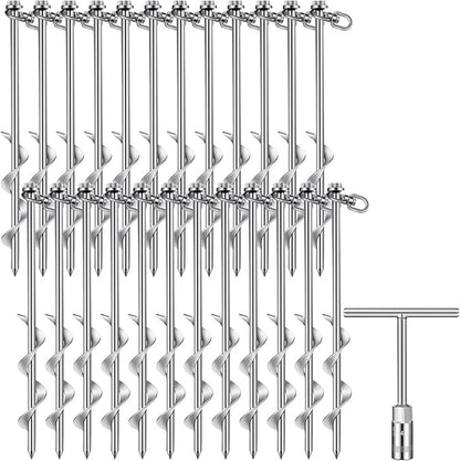 Zhengmy 24 Pcs Ground Anchors Screw in, 12 Inch Heavy Duty Tent Stakes with Trampoline Anchor Hook Ground Stakes for Camping Tent Canopies Ports Sheds Swing Sets Securing Animals (Silver)