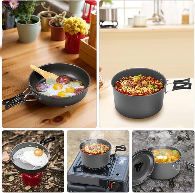 Lixada 10pcs Camping Cookware Mess Kit, Non-Stick Lightweight Stackable Pot Pan Bowls Camping Cooking Set with Storage Bag, Portable Outdoor Cookware Accessories for Backpacking Hiking Picnic