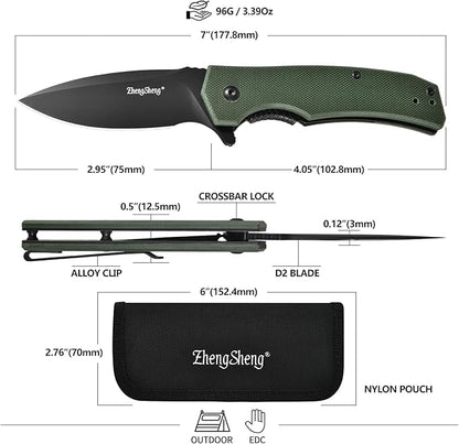 Praxis Pocket Knife, 2.9" D2 Steel Folding Knife with G10 Handle PVD Titanium Coating Blade Lightweight for every day carry