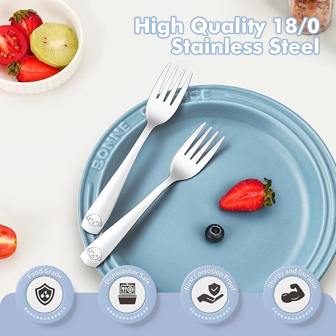 DRKIO Stainless Steel Toddler Forks Set - 6 Pieces Kids Forks Set Children Safe Food Grade Kids Silverware Small Forks Metal Toddler Utensils Dishwasher Safe Mirror Polished