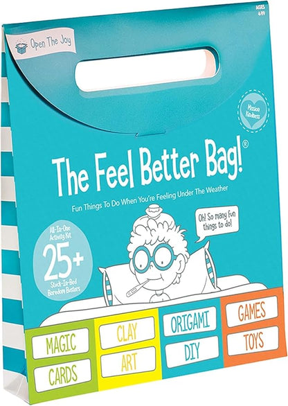 Open The Joy Feel Better Bag: Kids' Get Well Soon Gift Basket with 25+ Fun Activities - Playing Cards, Origami, Games, Clay Art, Magic Tricks - Ideal Gift for Kids Recovering from Surgery - Ages 4+