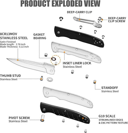 Harita Pocket Knife Folding EDC Knife with Belt Clip, 2.76 inch 8Cr13MoV Straight Edge Blade, G10 Handle, Foldable Knife for Camping Finshing Hunting Survival for Men Women Black