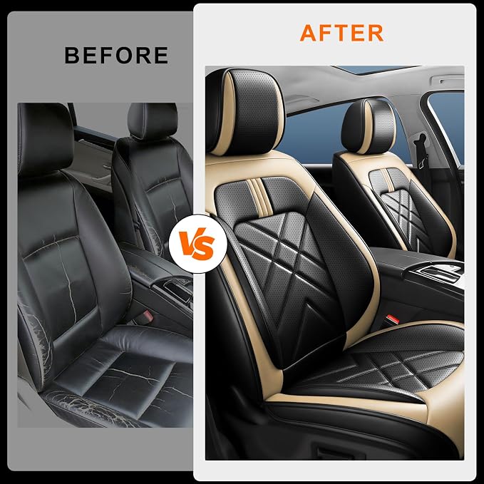Impala Car Seat Covers Fit for Chevrolet/Chevy Impala 2014-2020, Full Coverage Leather Waterproof Breathable Seat Covers, Automotive Seat Protectors, Airbag Compatible, (2 Seats, Black Beige)
