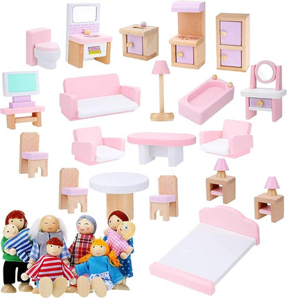 Sumind 30 Pcs Wooden Dollhouse Furniture Dollhouse Family Set of 8 Mini People Figures Dollhouse Accessories for Miniature Imaginative Play Toy