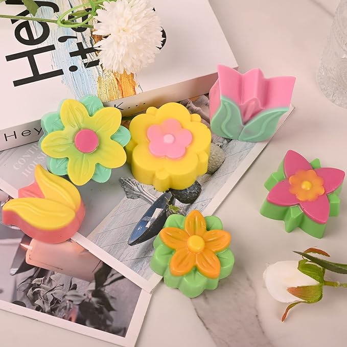 Sakolla 6-Cavity Flower Soap Molds Silicone, 2 Pack Tulip Different Flower Shapes Silicone Molds for Soap, Lotion Bar, Bath Bombs, Chocolate, Candy Baking Molds Jelly, Ice Cube Tray