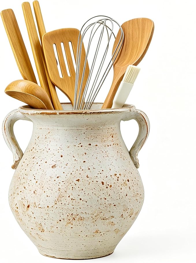 Rustic Kitchen Utensil Holder for Countertop, 7.6x4.9In Large Ceramic Cooking