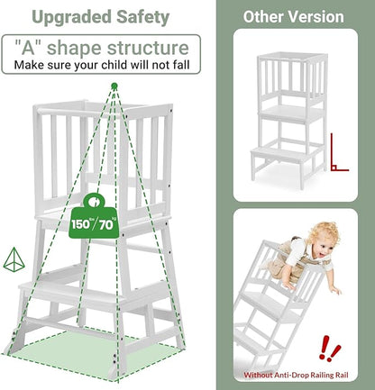 COSYLAND Toddler Kitchen Step Stool Helper - Wooden Standing Tower for Kids with Anti-Tip Support Legs - Mothers' Helper Kids Learning Stool for Kitchen Counter (White)