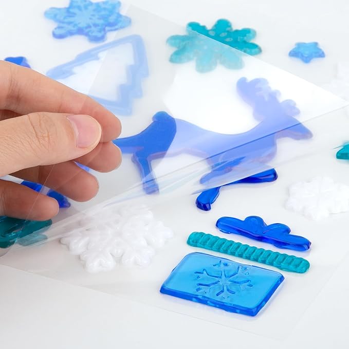 Christmas Window Clings Gel Blue and White Snowflake Snowman 6-Piece Set, Christmas Decorations for Glass Windows and Wall, Winter Glitter Snowflake Window Clings, School Home Xmas Party Decorations