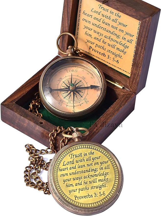Trust in The Lord With All Your Heart - Proverbs 3:5-6 Quote Engraved Compass With Wooden Box, Greeting Card, Gift Compass, Graduation Day Gifts 2024 for Women Men Boys Girls