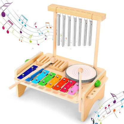 Kids Drum Set for Toddlers, Montessori Musical Instruments Toys, Toddler Drum Set Wooden Xylophone Musical Toys Birthday for Children Boys and Girls