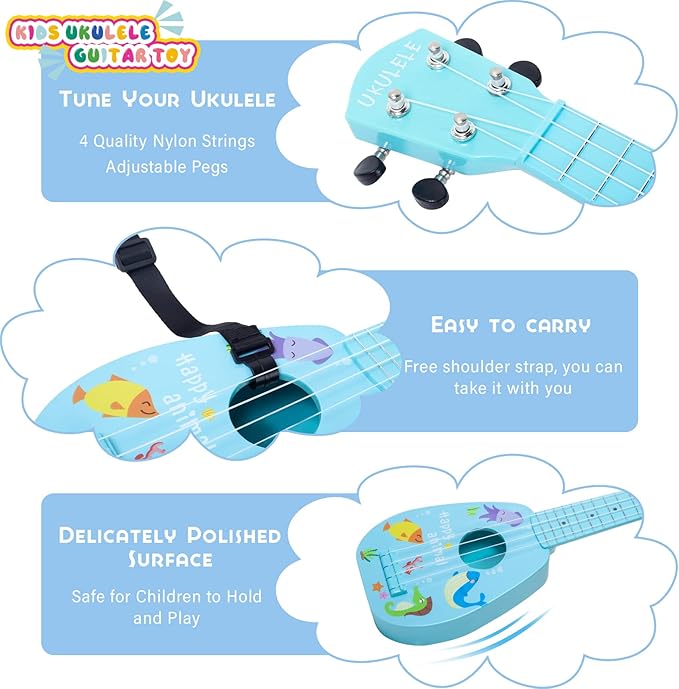 YOLOPLUS+ 17 Inch Kids Ukulele Guitar Toy 4 Strings Mini Children Musical Instruments Educational Learning Toy for Toddler Beginner Keep Tone Anti-Impact Can Play with Picks/Strap/Primary Tutorial