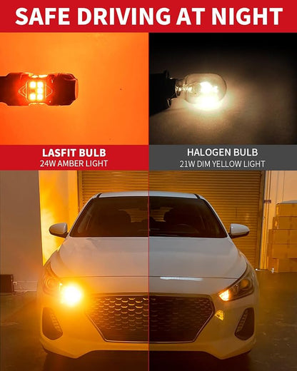 LASFIT 7440 LED Bulb Anti Hyper Flash Canbus 7443 Front or Rear Turn Signal Light 7444na 7441 7444 7440NA W21W WY21W Bulbs No Load Resistor Need, Upgraded Amber (Pack of 2)
