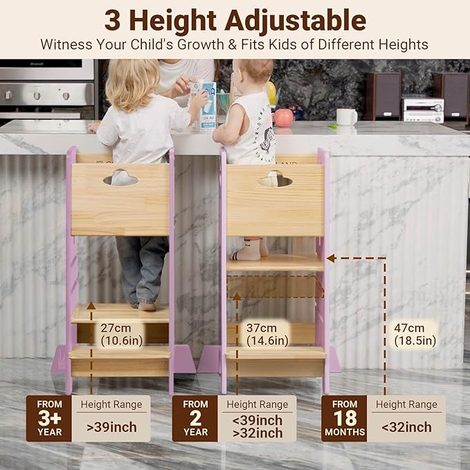 COSYLAND Toddler Standing Tower Adjustable Height - Super Stable Kids Kitchen Stool Helper - 3 Levels Adjustable Wooden Toddler Kitchen Stool (Natural & Pink)