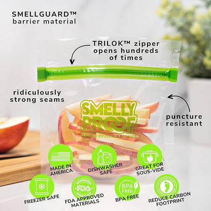 Smelly Proof 10 x Expandable Stand-Up & Fill REUSABLE Storage Bags for Food Designed & Mfg in US, NO PEVA, BPA FREE, Reusable Snack Bags, Dishwasher-Safe, Clear 3 mils STAND & FILL 6" x 4" - 10pk