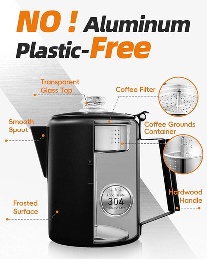 MEREZA Coffee Percolator Stovetop Camping Coffee Pot Stainless Steel 9 CUP Camping Coffee Maker Outdoor Home NO Aluminum or Plastic Black
