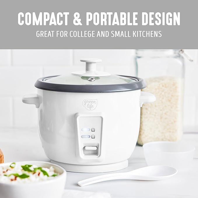 GreenLife Rice Cooker with Removable PFAS-Free Ceramic Nonstick Pot, 3-Cups