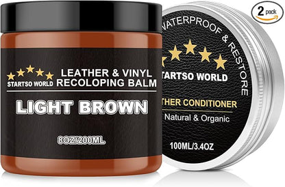 STARTSO WORLD 200Ml Leather Recoloring Balm with 100ML Leather Conditioner, Light Brown Leather Repair Kit for Furniture, Leather Dye, Leather Scratch Repair, Leather Couch Paint