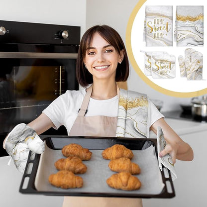 Bencailor 6 Pcs Marble Kitchen Decor Gold Pot Holders Oven Mitts 2 Dish Towels