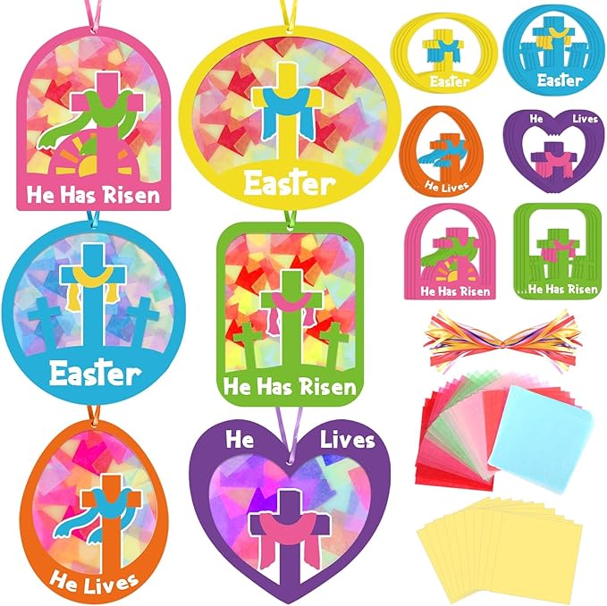 Qyeahkj 36 Set Easter Suncatchers Crafts for Kids DIY Resurrection Church Window Tissue Paper Crafts Kit He is Risen Hanging Decor for Religious Cross School Home Activity Art Project Favor Gift