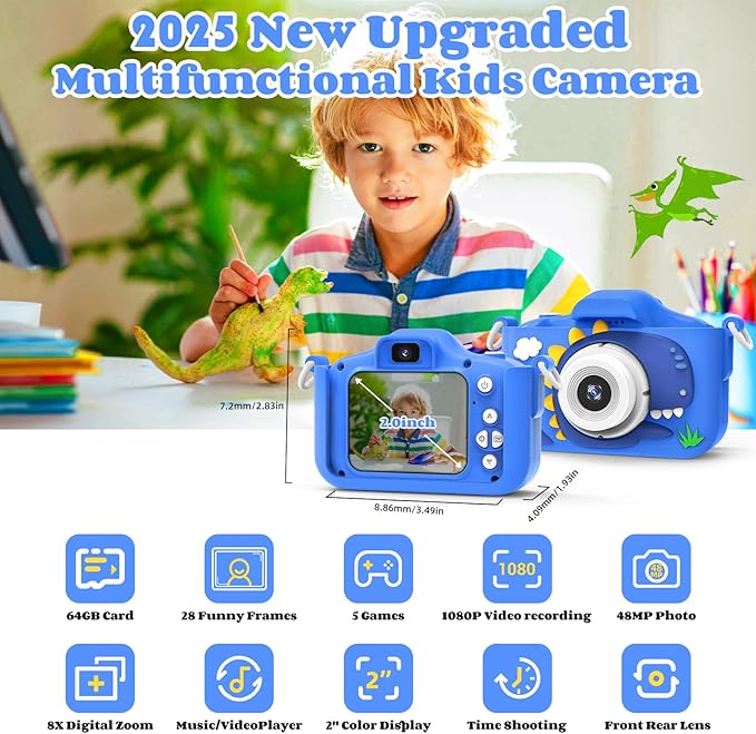 Kids Camera Toys for 3-8 Year Old Girls Boys, 48MP Dual Lens 1080P Toddler Camera for Kids with 64GB SD Card, Kids Digital Video Camcorder Selfie Camera Christmas Birthday Gifts
