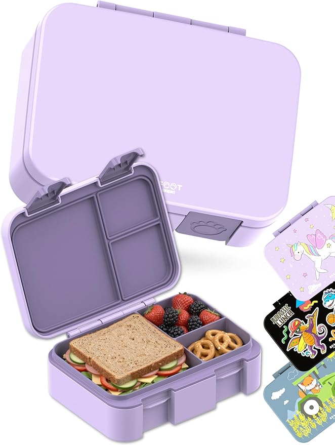 BEARFOOT Kids Lunch Box with Compartments – Compact & Lightweight | Leak-Proof, BPA-Free, Dishwasher & Microwave Safe | Hand-Drawn Design for Preschool, School, Travel (Purple, 2.75 Cups)