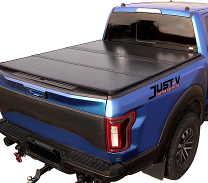 Just-V Hard Tri-Fold Truck Bed Tonneau Cover for Toyota Tacoma 2016-2023 Only Fit Cab CrewMax Cab 5FT Bed, Upgrade Solid FRP Textured Black, Requires Bracket