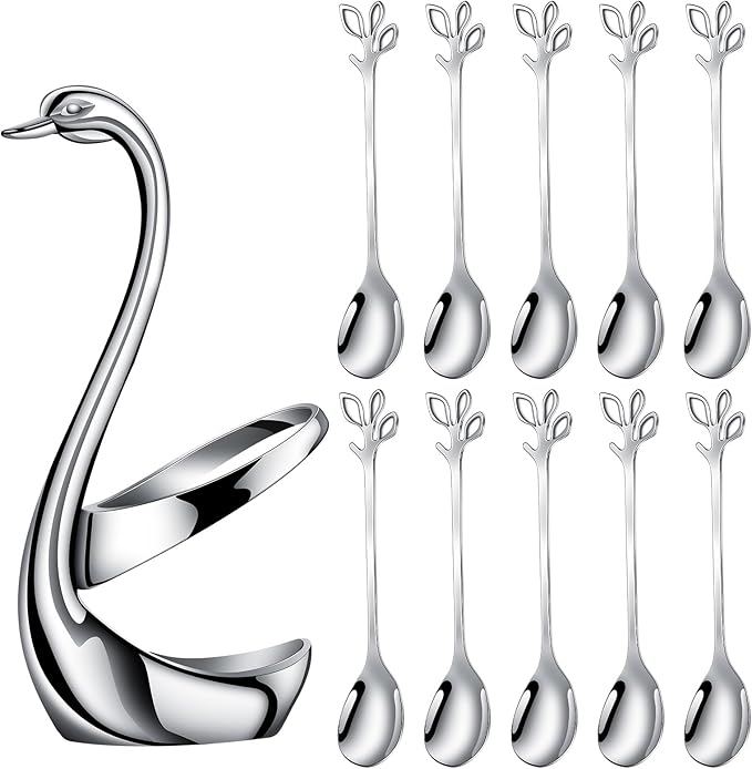 AnSaw Silver Small Coffee Spoon Holder Set, Swan Base