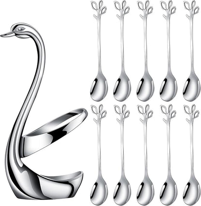 AnSaw Silver Small Coffee Spoon Holder Set, Swan Base