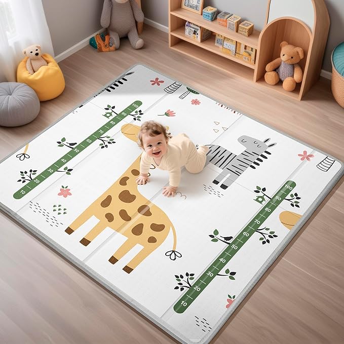 Foldable Baby Play Mat, PIGLOG 0.6in Thick Waterproof Playmats for Babies and Toddlers Kids, Safe Foam Playmat for Tummy Time, 50x50 Playpen Mat, Reversible Portable Baby Floor Mat for Infant, Giraffe