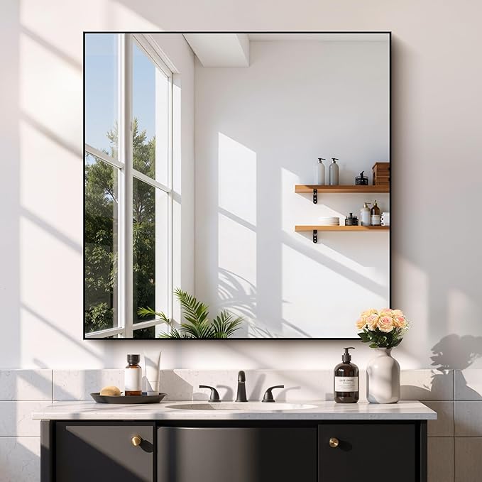 Black Bathroom Mirror for Wall, 39x39 Inch Rectangle Mirror