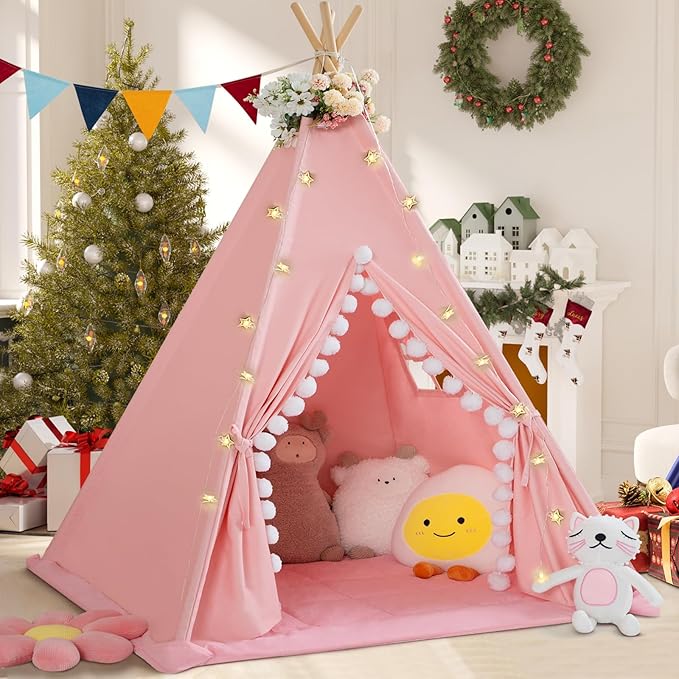Teepee Tent for Kids with Padded Mat Cotton Canvas Kids Tent with Pompom for Toddlers Indoor Play Tent for Girls Boys with Stars Lights, Carry Bag, Banner Flag (Pink)