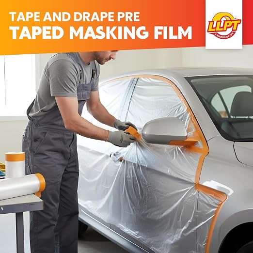 LLPT Pre-Taped Masking Film, 59.1" Unfolded x 66Ft, 0.27 Mil, 2 Pack | Static-Cling, Disposable, Solvent & Oil Resistant Bleed-Proof Low Tack No Residue for Auto Wall Furniture Painting Protection
