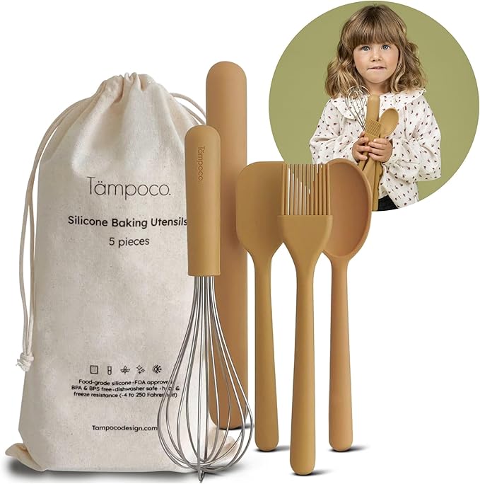 Tampoco Real Kids Cooking & Baking Set – Montessori Kitchen Tools for Real Cooking with Food-Safe Silicone Utensils – Functional & Fun Gift for Young Chefs